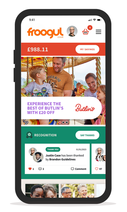The Froogul member app showing savings, offers and recognition features